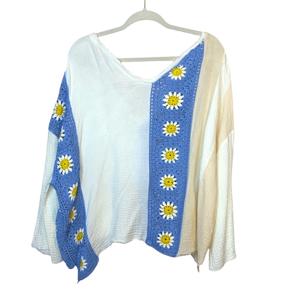 POL Blue/Cream 100% Cotton Oversized Crochet Top, Size Small - Picture 5 of 12